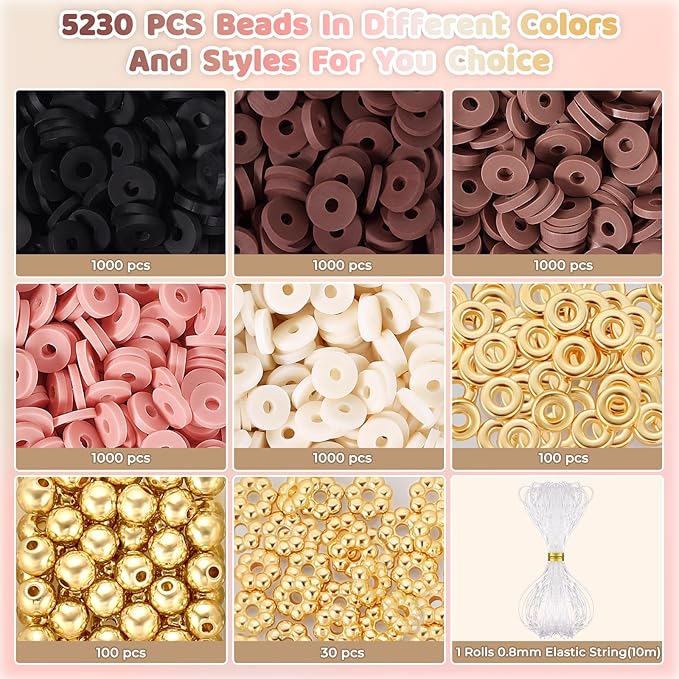 Funtopia 5200+ Pcs Brown Clay Beads Bracelet Making kit, Heishi Beads Polymer Clay Beads for Jewelry Making, Friendship Bracelet Kit with Gold Beads Charms for Girls Adults (6mm)