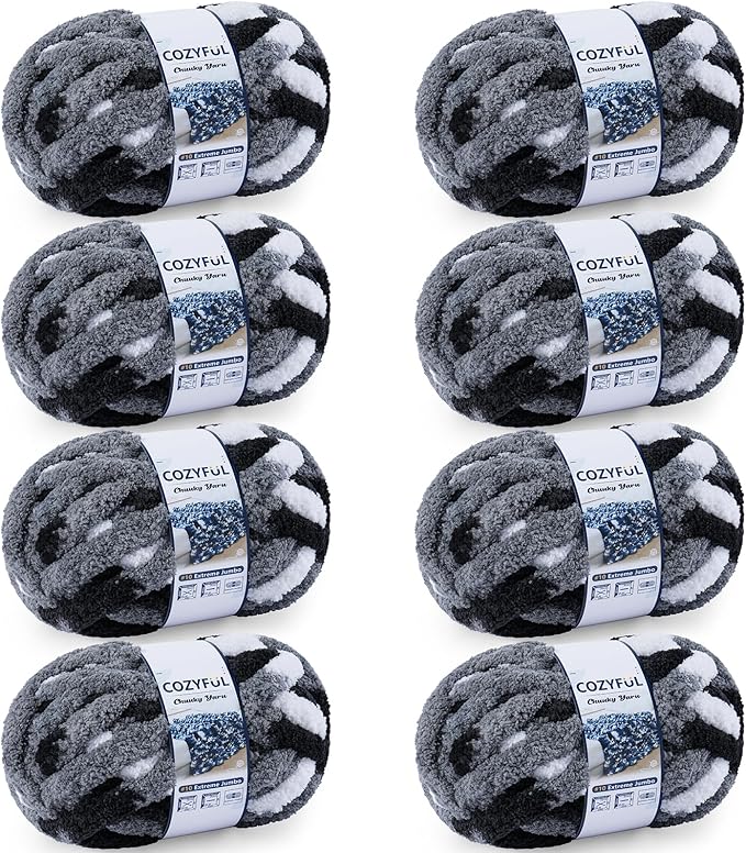 Chunky Yarn for Hand Knitting - #10 Chunky Chenille Blanket Yarn, Jumbo Big Thick Chunky Yarns for Crocheting, Tie Dye Bulky Knit Yarns, 8 Skein (25 yds 8 oz Each Skein), Black & Grey & White