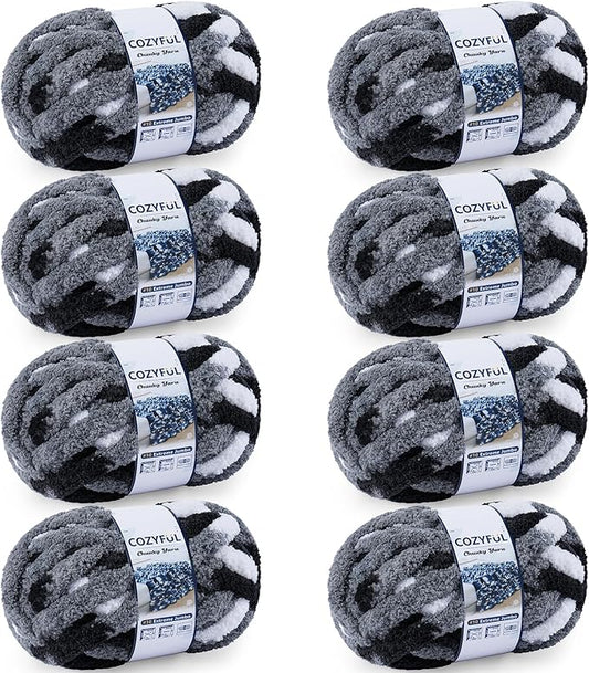 Chunky Yarn for Hand Knitting - #10 Chunky Chenille Blanket Yarn, Jumbo Big Thick Chunky Yarns for Crocheting, Tie Dye Bulky Knit Yarns, 8 Skein (25 yds 8 oz Each Skein), Black & Grey & White