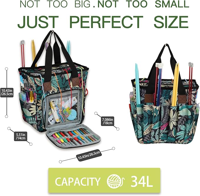 LOOEN Yarn Knitting Storage Tote-Large Capacity Crochet Organizer Portable Travel Bag with Shoulder Strap Crochet Hooks Case for Unfinished Bulk Project