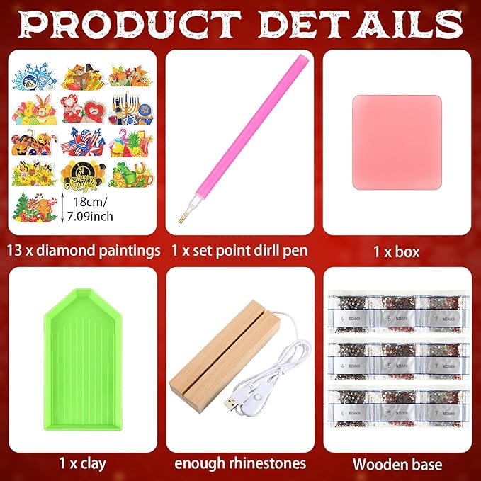 Chunful 13 Pcs Interchangeable Seasonal Diamond Art Tabletop Holiday Diamond Art Painting Kit with Wooden Light Base for Table Tiered Tray Home Office Tabletop Centerpiece Decor(13 Pcs,Classic)