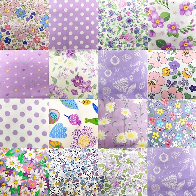 22Pcs 10" Purple Cotton Fabric Squares No Repeat Floral Charm Pack,Precut Quilt Fabric with Wavy Edges,Sewing Craft Swatches