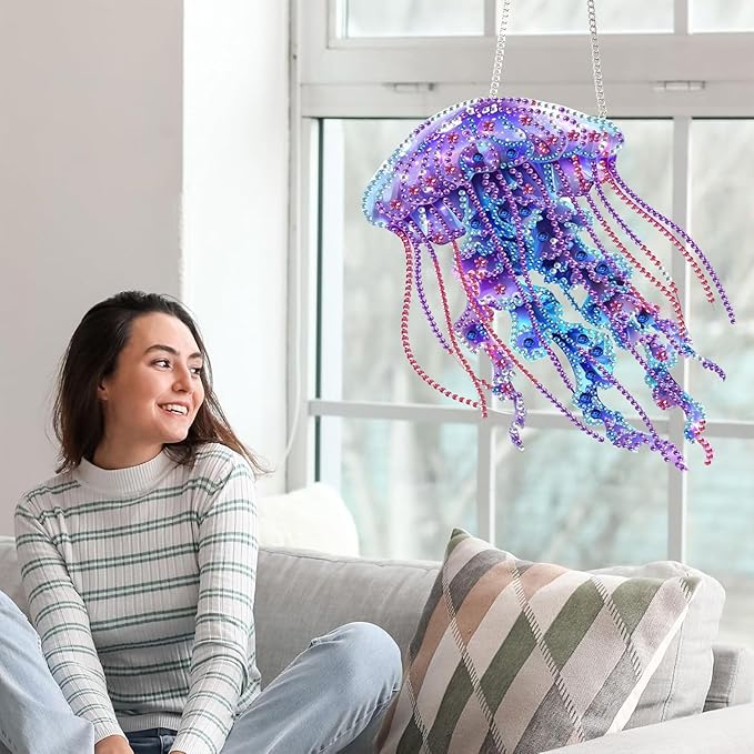 Yomiie Jellyfish Sun Catcher Window Hanging - DIY Double Sided Marine Life Diamond Painting Pendant Kit, Acrylic Diamonds Art Ornament for Front Door Sign & Indoor/Outdoor Garden Decor(8x8 inch)