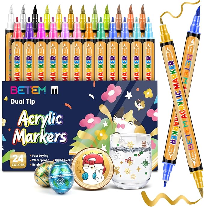 Betem Metallic Acrylic Paint Markers, Dual Tip 24 Colors Acrylic Paint Pens with Brush Tip and Fine Point, Permanent Glass Markers, Drawing Markers for Rock, Wood, Canvas, Card Making, Decorating Kit