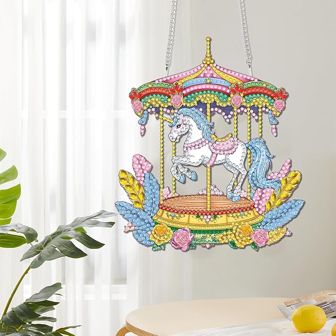 Reofrey Hanging Diamond Art Kits for Adults - 8x8 Inch Carousel Acrylic Board Double Sided Pattern Diamond Painting Suncatcher Pendant, DIY Crystal Art for Home Wall or Window Decoration Handmade Gift
