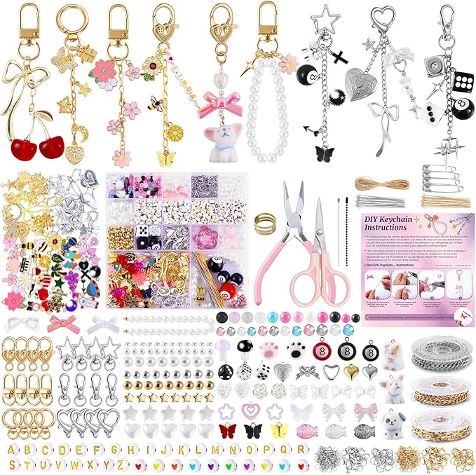 Wurosi 945 Pcs Bag Charm Kit, Charms Lip Gloss Keychain Making Kit, Beaded Keychain Making Kit, Y2K Keychains, 8 Ball Dice Charm Keychains, DIY Customizable Crafts Key Chains(Gold & Silver)