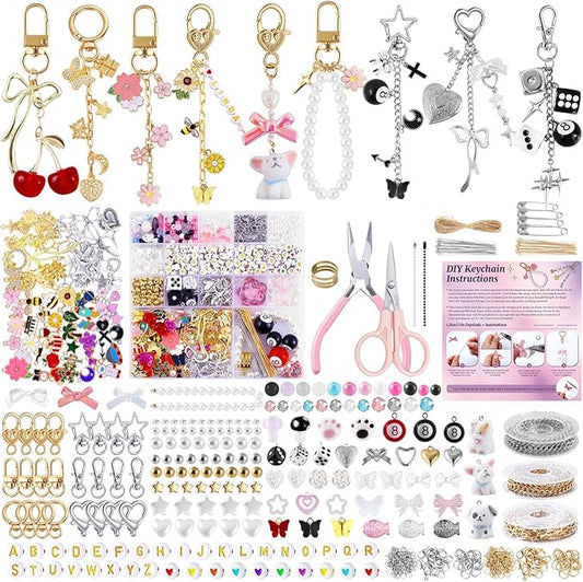 Wurosi 945 Pcs Bag Charm Kit, Charms Lip Gloss Keychain Making Kit, Beaded Keychain Making Kit, Y2K Keychains, 8 Ball Dice Charm Keychains, DIY Customizable Crafts Key Chains(Gold & Silver)