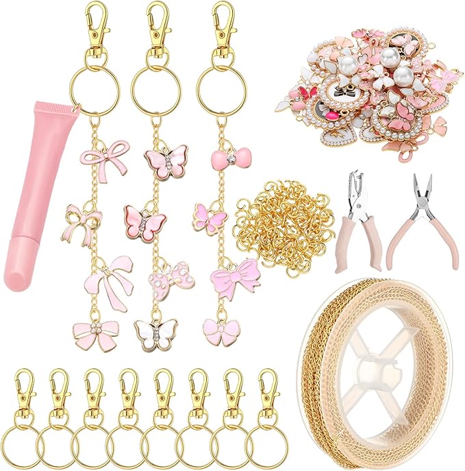 VioraWhite 213 Pcs Lip Gloss Keychain Making Kit 100 Pink Enamel Charms 32.81 ft Gold Chains for DIY Crafts Women(Butterfly)