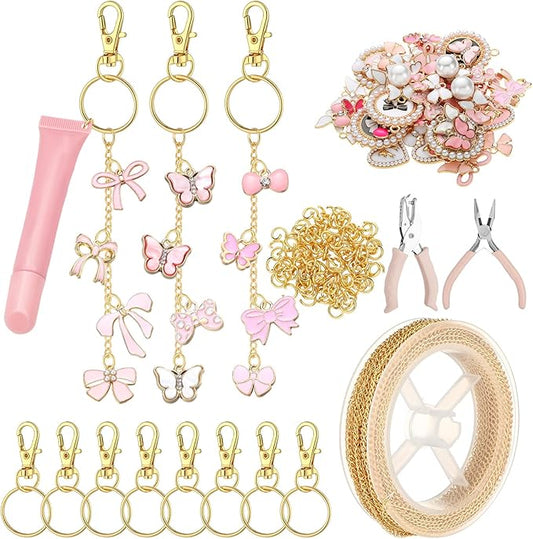 VioraWhite 213 Pcs Lip Gloss Keychain Making Kit 100 Pink Enamel Charms 32.81 ft Gold Chains for DIY Crafts Women(Butterfly)
