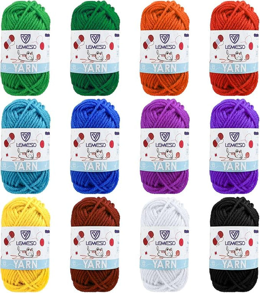 Yinsun 12 Acrylic Yarn Skeins, 12 Colors Starter Mini Crochet Bulk Yarn for Child, Adult Knitting Crochet Crafts (12 x 15g)
