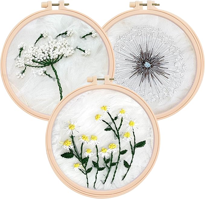 Clear Background Embroidery Kit for Beginners – DIY Hand Embroidery Kit with 3 Hoops, Stamped Patterns, Needles, Thread, Scissors – Minimalist Embroidery Set for Adults, Teens, Women, Craft Lovers