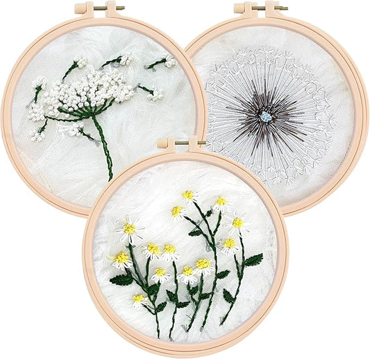 Clear Background Embroidery Kit for Beginners – DIY Hand Embroidery Kit with 3 Hoops, Stamped Patterns, Needles, Thread, Scissors – Minimalist Embroidery Set for Adults, Teens, Women, Craft Lovers