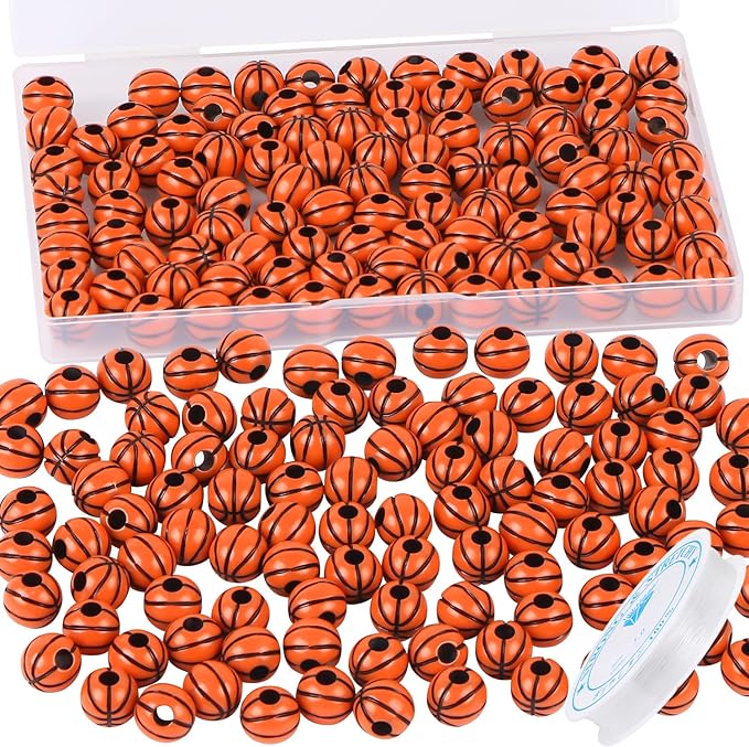 100pcs Basketball Beads with 5.5 Yard Elastic Rope,Acrylic Sports Beads DIY Spacer Bead for Necklace Bracelet Keychains Handmade Jewelry Making Accessories Craft Supplies,12mm(Basketball)
