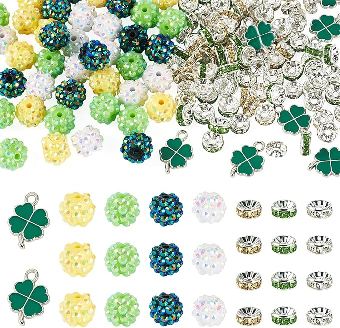 Cheriswelry St.Patrick's Day Jewelry Making Kit Green Clover Four Leaf Charms Clay Disco Ball Beads Flat Round Rhinestone Spacer Bead for DIY Necklace Bracelet Earring Accessories 137Pcs/Set