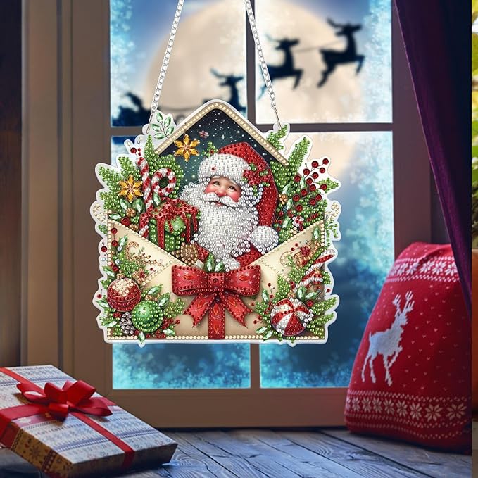 Bowetile Christmas Diamond Art Hanging Kits for Adults, Diamond Art Suncatchers Santa Claus, 5D Special Shape Diamond Painting Pendant Window Ornament Christmas Gifts for Home Door Wall Decor