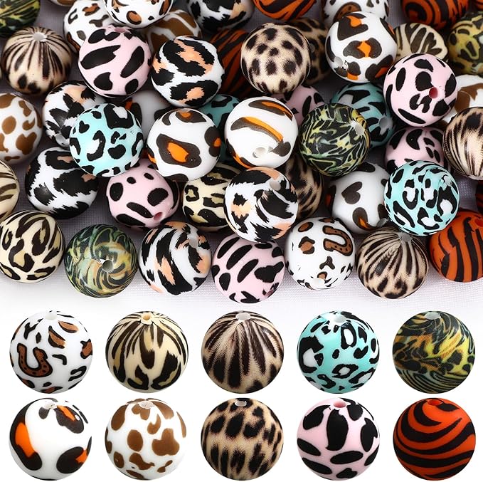 Ferreve 60 Pcs 15mm Silicone Beads Bulk Leopard Print Round Focal Beads Rubber DIY Silicone Loose Bead for Bracelet Making Kit for Keychain Pens Necklace Bracelets Jewelry Making