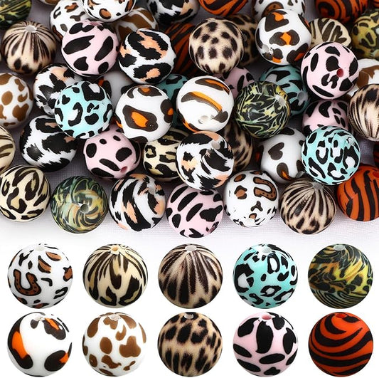 Ferreve 60 Pcs 15mm Silicone Beads Bulk Leopard Print Round Focal Beads Rubber DIY Silicone Loose Bead for Bracelet Making Kit for Keychain Pens Necklace Bracelets Jewelry Making