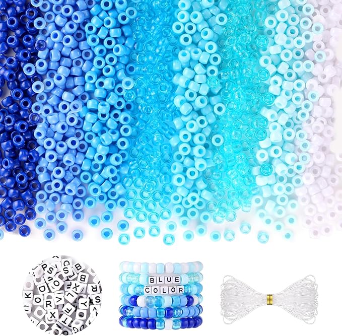 Blue and White Pony Beads, 1200Pcs 6x9mm Pony Bead Bulk and 100Pcs Square Letters, Large Hole Hair Bead for Braids for Girls Kids, Plastic Kandi Beads for Bracelets Jewelry Making DIY Crafts(8 Colors)