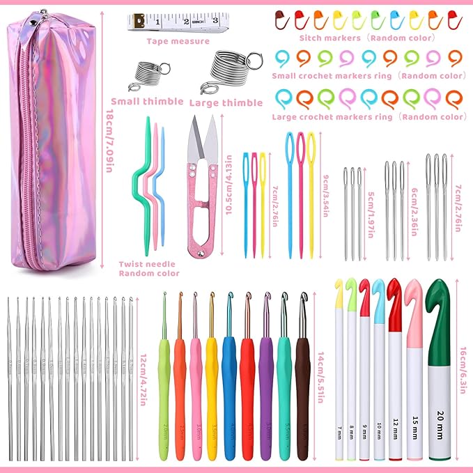 Yizzvb 87 Pcs Crochet Hooks Set, Aluminum Crochet Hooks, Ergonomic Crochet Needles and Stitch Markers, Crochet Needle Kit with Case for Sewing DIY Craft, Extra Long  Knitting Needles
