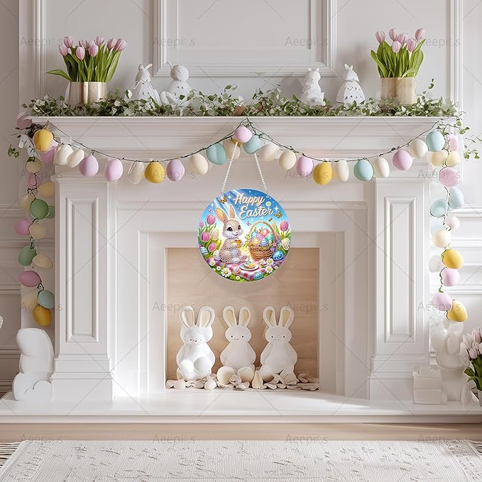 Aeepics Hanging Diamond Art Kit for Adult Easter Rabbit, DIY Diamonds Painting Pendant Ornament Kit, Acrylic Diamond Art Painting Board Kit (Happy Easter)