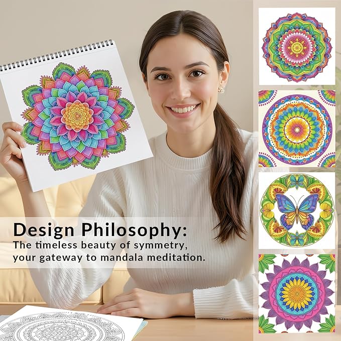 FUN LAVIE Mandala Coloring Book for Adults Relaxation and Teens Stress Relief, Spiral Coloring Book for Women, Spiral Bound Mindfulness Stress-Free Patterns for Adult, Large Print Coloring for Men