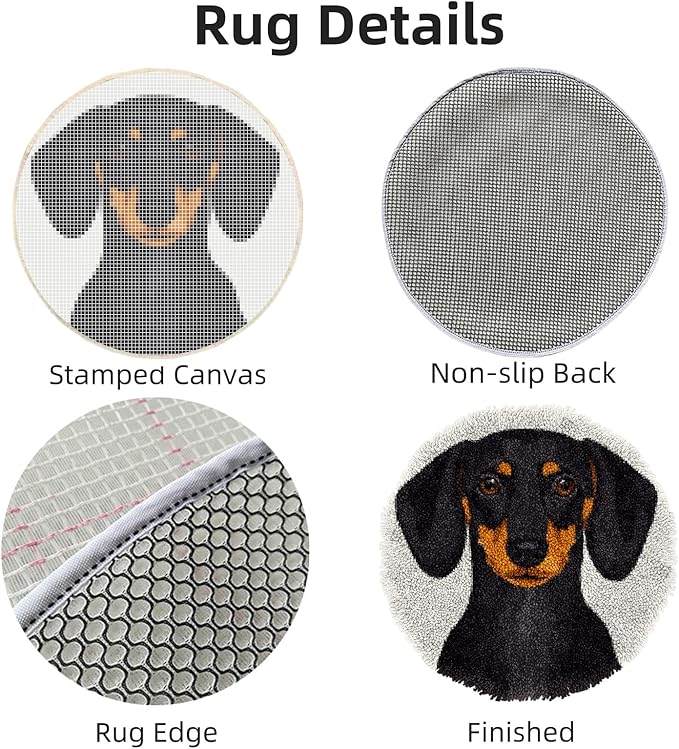 Latch Hook Rug Kit Black Dachshund Dog Stamped Handmade Round Shape Carpet Crochet Yarn Craft DIY Hook and Latch Door Mat Tapestry for Home Floor Decor 50x50cm(2)