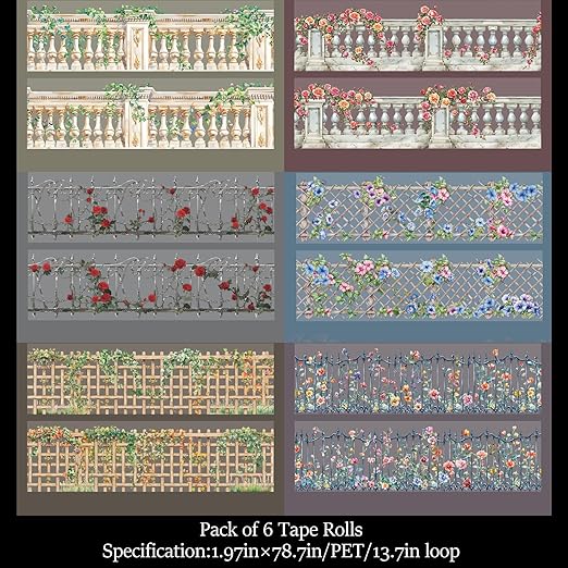 PET Tape Stickers for Journaling Supplies, 6Rolls of Vintage Vine Flower Themed Transparent Journal Stickers for Scrapbooking,Junk Journal Supplies,Planer (Bloom)