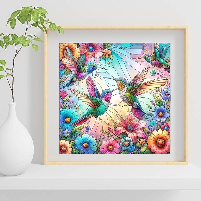EIBEILI Diamond Painting Kits for Adults, Stained Glass Hummingbird Art for Beginner DIY Round 5D Paint with Diamonds Pictures Gem Full Drill Diamond Dots Crystal for Home Wall Decor Gifts 12x12in