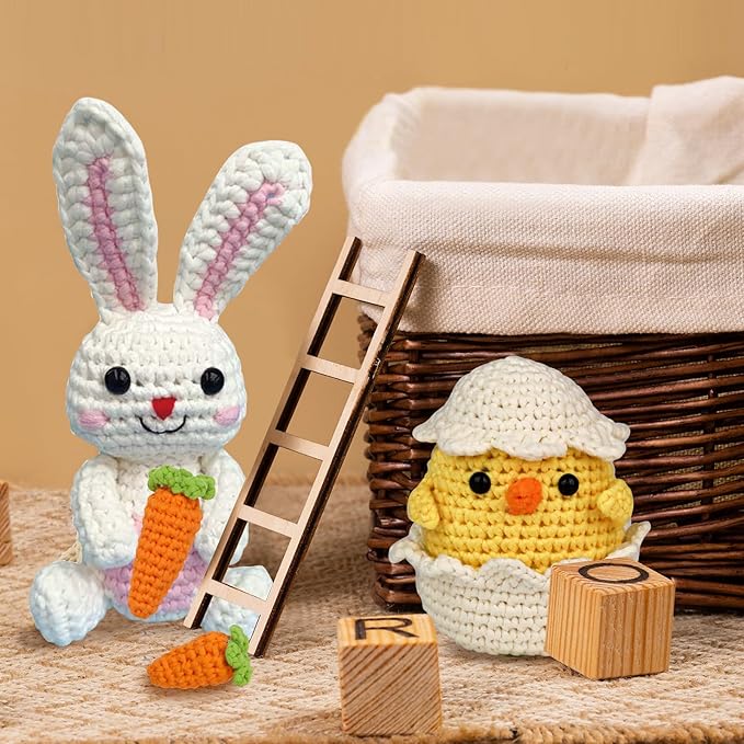 wokdsbl Crochet Kit for Beginners with Upgraded Premium Custom Yarn and Step-by-Step Video Tutorials, Ideal DIY Craft Gift, Crochet Animal Kits for Easter Egg Fillers (Bunny & Chick)