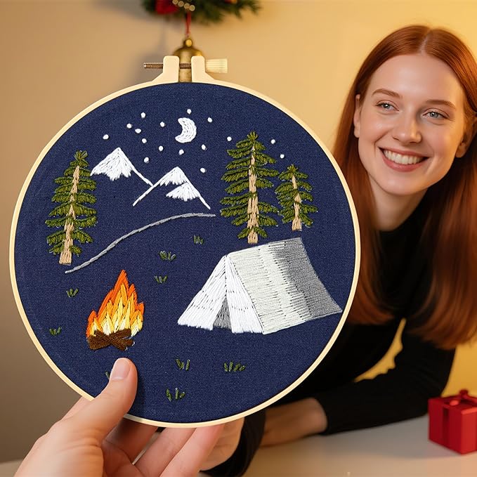 Crafmanoe Christmas Embroidery Kits for Beginners Adults, Hand Embroidery Starter Kits, Christmas Cross Stitch Kits for Beginners Craft Kits for Adults Women, Embroidery Hoops, Thread & Video Tutorial