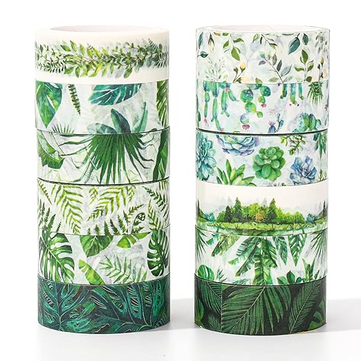 Whaline 12 Rolls Summer Greenery Washi Tapes Tropical Leaves Masking Tape 0.6 Inch Green Plants Cactus Succulents Decorative Tape Sticker for Scrapbook Journal DIY Craft Gift Wrapping,16.4ft