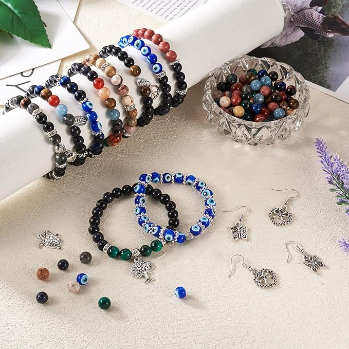 FASHEWELRY Evil Eye Bead Bracelet Earring Kit 8mm Crystal Stone Beads Round Natural Gemstone Planet Healing Chakra Energy Loose Spacer Beads for Women Handmade Jewelry