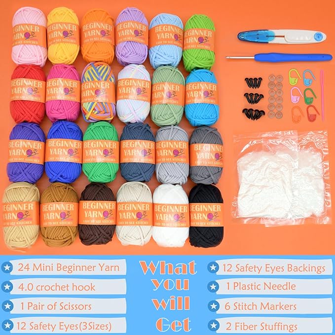 24 Pack Beginners Crochet Yarn Blue Pink Purple Brown Rainbow Cotton Crochet Yarn for Crocheting Knitting Beginners with Easy-to-See Stitches Beginner Crochet Kit-24x25g