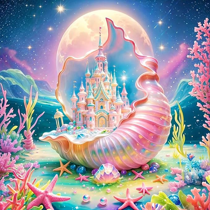 GEEHEIY Castle Diamond Art Kits for Adults, 5D Sea Shells Diamond Painting Kits for Beginner, DIY Full Drill Round Gem Art for Home Wall Decor 14 x14 Inch