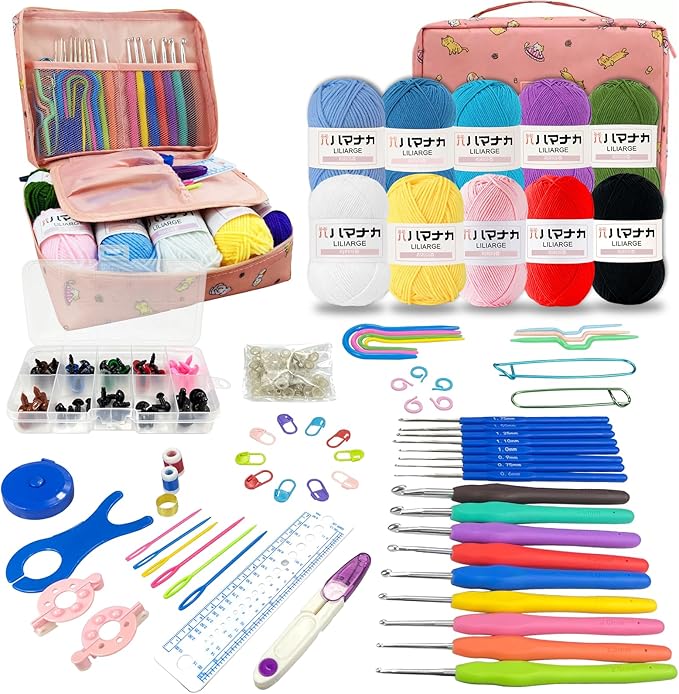 HYHJMISTY Crochet Kit for Beginners Adults, 167 PCS Knitting Kit with Ergonomic Hooks, Portable Crochet Kits Include 10 Color Yarn, Crocheting, Accessories and Bag
