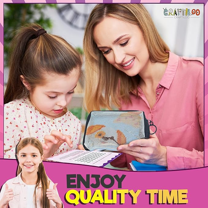 CRAFTILOO Needlepoint Kit for Kids — Beginner Cross Stitch Sewing Kit with Pre Printed Canvas, Easy Embroidery Arts and Crafts Starter Set for Girls and Boys Ages 6-12 (Cat & Dog)