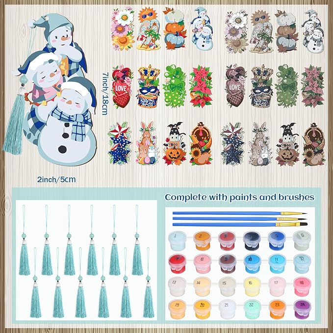 Kosiz 12 Pcs Easter Paint by Numbers Kit for Adults Holiday Wood Bookmark Painting Decor Spring Beach Mini Paint by Numbers Tassels Blank Bookmarks Craft for Summer Small DIY Book Lovers Gift 7x2