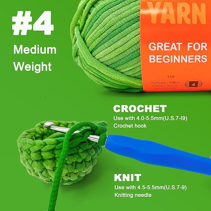 3.5Oz Beginner-Friendly Yarn for Crocheting and Knitting;Worsted-Weight Medium #4;Cotton Blend Yarn for Beginners with Easy-to-See Sitches,Great for Amigurumi DIY (Lawn Green,1 Skein)
