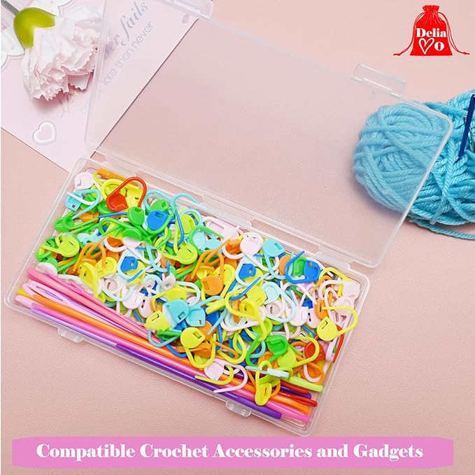DeliaVo 200Pcs Knitting Stitch Markers with 9 Yarn Needles, Stitch Marker for Crocheting, Colorful Locking Pins Clip Crochet Supplies & Accessories