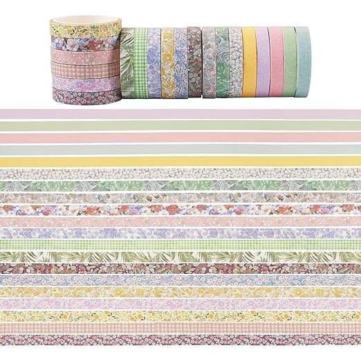 20 Rolls Vintage Flower Washi Tape Set, Rustic Floral Washy Paper Tape Decorative Tape 7mm Wide Assorted Masking Tape Decor Sticker for Scrapbooking Bullet Journal Planner Gift Wrapping DIY Crafts