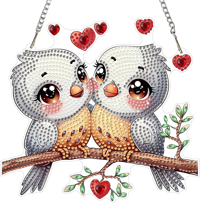 MXJSUA Lovebirds Diamond Art Hanging Kits for Adults Beginners, DIY Acrylic Special Shaped Crystal Diamond Gem Drills Pendant Art Painting Ornament for Home Wall Decor Gift