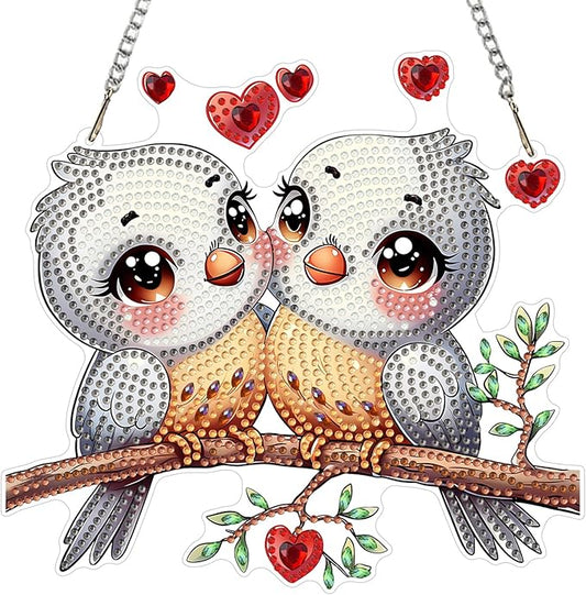 MXJSUA Lovebirds Diamond Art Hanging Kits for Adults Beginners, DIY Acrylic Special Shaped Crystal Diamond Gem Drills Pendant Art Painting Ornament for Home Wall Decor Gift