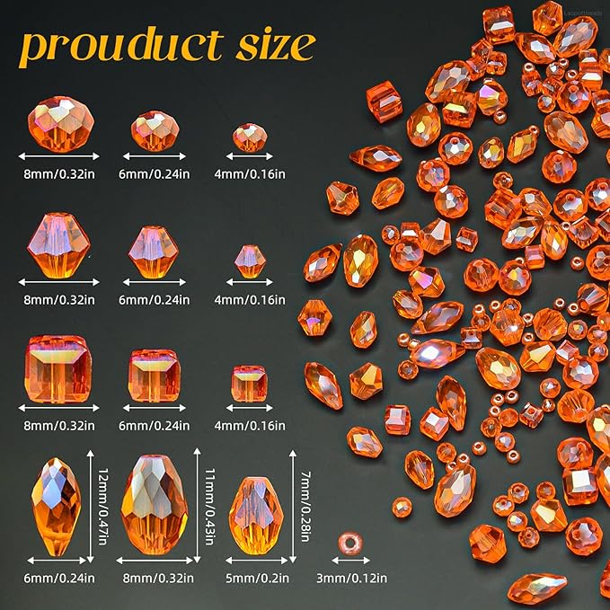 1500 Pcs Crystal Glass Beads for Jewelry Making – 12 Styles Bicone, Rondelle, Cube, Teardrop & 3mm Spacer Beads, DIY Bracelet Necklace Earring Craft Kit Random Colors(Orange)