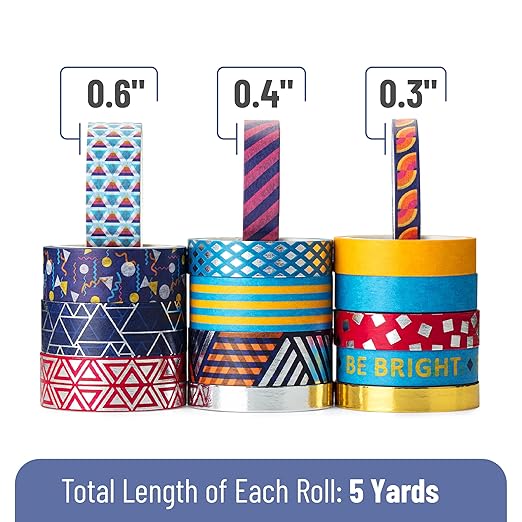 Mr. Pen Washi Tape Set, 15 Rolls, Metallic Foil, Geometric Groove, Decorative Tape, Scrapbook Tape, Craft Tape