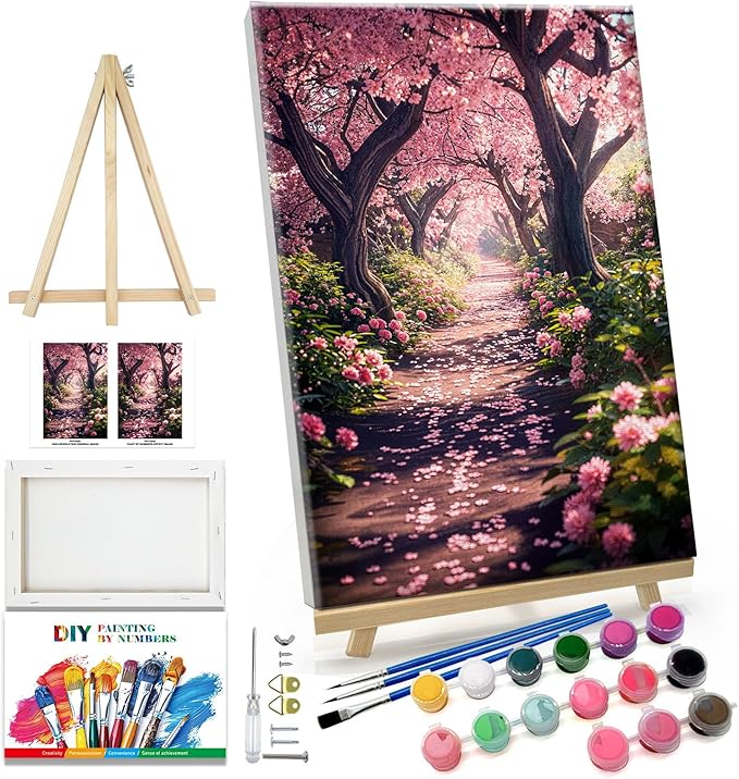 JOOZ Paint by Numbers Kit for Adults Landscape Paint by Number with Frame DIY Cherry Blossom Paint by Number with Easel Flowers Paint by Numbers Kit on Canvas for Gift Home Wall Decor 7.87x11.81 Inch