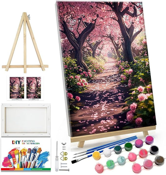 JOOZ Paint by Numbers Kit for Adults Landscape Paint by Number with Frame DIY Cherry Blossom Paint by Number with Easel Flowers Paint by Numbers Kit on Canvas for Gift Home Wall Decor 7.87x11.81 Inch