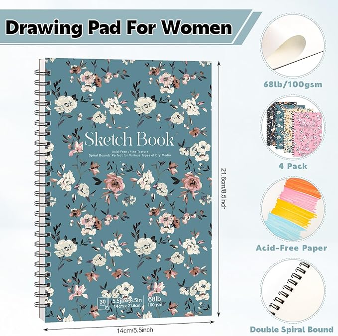4 pack sketch book, 5.5 x 8.5 inch sketchbook, 68lb/100gsm top spiral bound sketch pad, acid free art supplies drawing painting sketching paper for woman artists (30 sheets each)