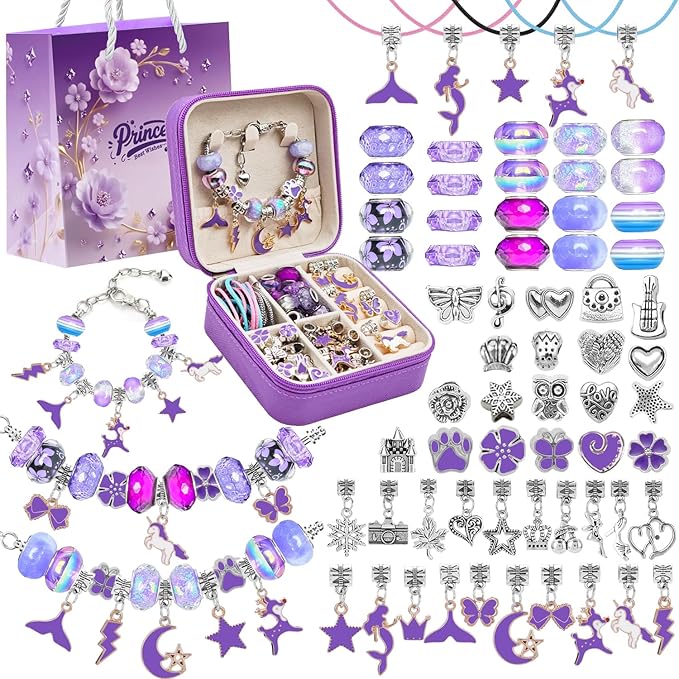 ONADEBY Charm Bracelet Making Kit - Purple DIY Jewelry Making Kit for Girl, Friendship Bracelet Kit with Portable Jewelry Box Bag Packing for Birthday Christmas New Years Easter Valentine Craft Gifts