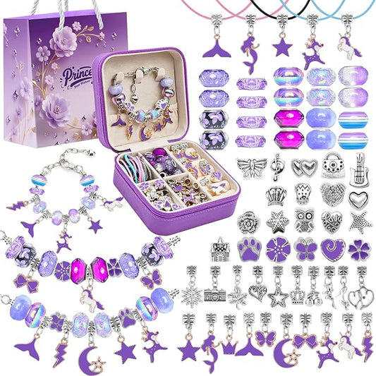 ONADEBY Charm Bracelet Making Kit - Purple DIY Jewelry Making Kit for Girl, Friendship Bracelet Kit with Portable Jewelry Box Bag Packing for Birthday Christmas New Years Easter Valentine Craft Gifts