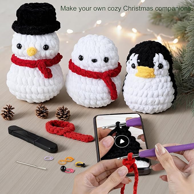 DoodleTwyst Amigurumi Crochet Kit – DIY Crochet Kit with Yarn & Tools – Fun Crochet Kits for Adults (Seal, Penguin, Snowman)